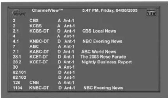 ChannelView™ 2 CBS A Ant-1 2 KCBS A Ant-1 2.1 KCBS-DT D Ant-1 CBS Local News 4 A Ant-1 4.1 KNBC-DT D Ant-1 NBC Evening News 7 ABC A Ant-1 7.1 KABC-DT D Ant-1 ABC World News 28.1 KCET-DT D Ant-1 The 2003 Rose Parade 28.2 KCET-DT D Ant-1 Nightly Business Report 30 A Ant-1 62.101 D Ant-1 62.102 D Ant-1 125 CNN A Ant-1 1104 KNBC-DT D Ant-1 NBC Evening News