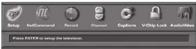 Setup NetCommand Record Channel Captions V-Chip Look AudioVideo Press ENTER to setup the television.