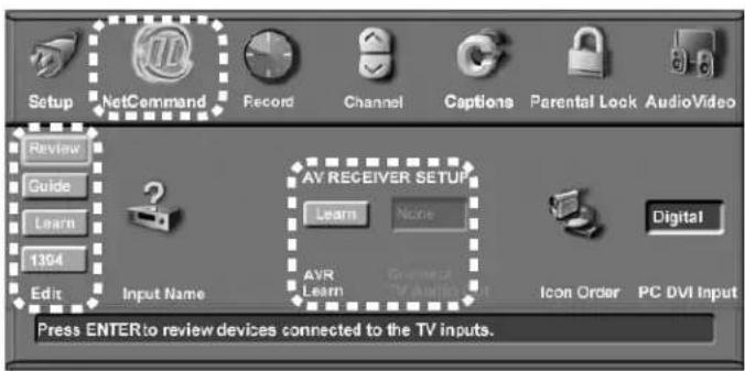 Setup NetCommand Record Channel Captions Parental Lock AudioVideo Review Guide Learn 1304 Edit Input Name AV RECEIVER SETUP Learn None Digital AVR Learn Green2A TV Audio 6.1 Icon Order PC DVI Input Press ENTER to review devices connected to the TV inputs.