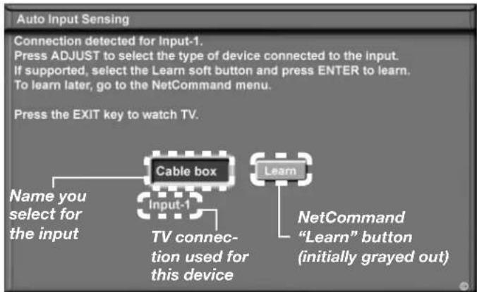 Auto Input Sensing Connection detected for Input-1. Press ADJUST to select the type of device connected to the input. If supported, select the Learn soft button and press ENTER to learn. To learn later, go to the NetCommand menu. Press the EXIT key to watch TV. Name you select for the input Cable box Input-1 TV connec- tion used for this device Learn NetCommand "Learn" button (initially grayed out)
