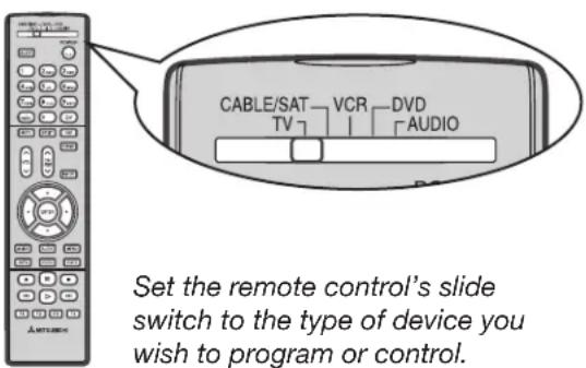 CABLE/SAT VCR DVD TV AUDIO Set the remote control's slide switch to the type of device you wish to program or control.