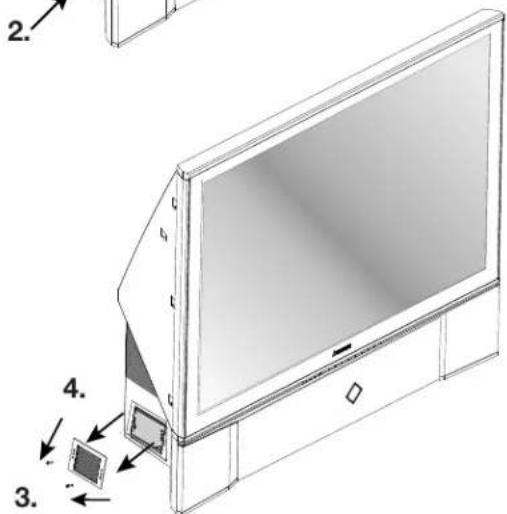 Technical diagram of a TV with labeled components and directional arrows indicating assembly or installation steps