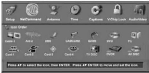 Setup NetCommand Antenna Time Captions V/Chip Lock AudioVideo Icon Order Cable-1 Ari-2 DBB CAMCORD GAMES DVD PG MARC Card-1 Card-2 Card-3 Card-4 TV DISC DVD AV DISC Press AV to select the Icon, then ENTER. Press AV ENTER to move and set the Icon.