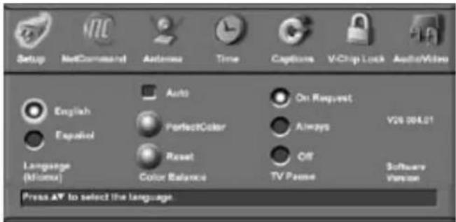 Setup NetCommand Antenna Time Captions V-Chip Lock Audio/Video English Expaclol Language (Mlomx) Auto PerfectColor Reset Color Balance On Request Always Off TV Frame Software Version Press AV to select the language