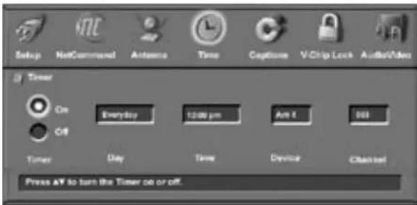 Setup NetCommand Antenna Time Capture VChip Lock Audio/Via Timer On Everyday 12:00 pm Am 4 503 Off Timer Day Time Device Channel Press AV to turn the Timer on or off.
