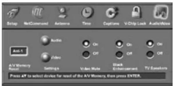 Setup NetCommand Antenna Time Captures V-Chip Lock Audio/Video Audio On On On Off Off Off Video A/V Memory Reset Settings Video Note Black Enhancement TV Speakers Press AF to select device for reset of the A/V Memory, then press ENTER.