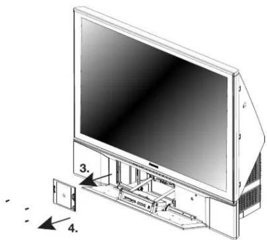 Technical diagram of a flat-screen TV with labeled components and directional arrows indicating assembly or installation steps.