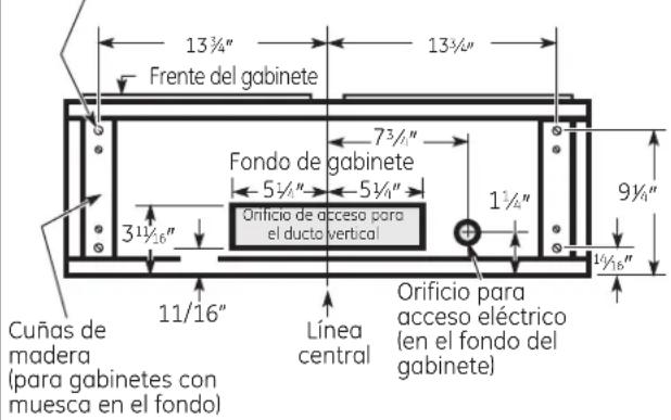 13 ¾" Frente del gabinete 7 ¾/₁" Fondo de gabinete 5 ¾/₁" 5 ½/₁" 3 ½/₁₆" Orificio de acceso para el ducto vertical 1 ¾/₁" 9 ¾/₁" 1 ½/₁₆" Cuñas de madera (para gabinetes con muesca en el fondo) Línea central Orificio para acceso eléctrico (en el fondo del gabinete)