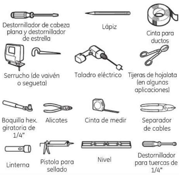 Destornillador de cabeza plana y destornillador de estrella Serrucho (de vaivén o segueta) Lápiz Cinta para ductos Taladro eléctrico Tijeras de hojalata (en algunas aplicaciones) Boquilla hex. giratoria de 1/4" Alicates Cinta de medir Separador de cables Linterna Pistola para sellado Nivel Destornillador para tuercas de 1/4"