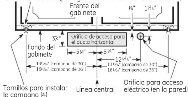 Frente del gabinete 1/8" 1 1/4s" Orificio de acceso para el ducto horizontal 3 3/4" Fondo del gabinete 5 1/4" 5 1/4" 12 1/4s" 13 1/4s" Icampana de 30"l 16 1/4s" Icampana de 36"l 13 1/4s" Icampana de 30"l 16 1/4s" Icampana de 36"l Orificio para acceso eléctrico (en la pared) Tornillos para instalar la campana (4) Línea central