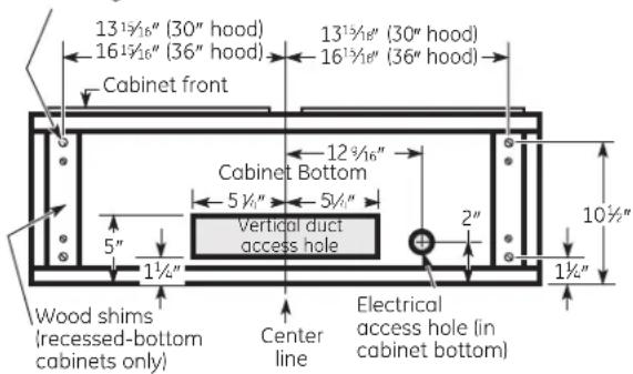 13½/16" (30" hood) 16½/16" (36" hood) Cabinet front 13½/16" (30" hood) 16½/16" (36" hood) Cabinet Bottom 5½" 5½" Vertical duct access hole 2" 1½" 10½" 1½" Wood shims (recessed-bottom cabinets only) Center line Electrical access hole (in cabinet bottom)