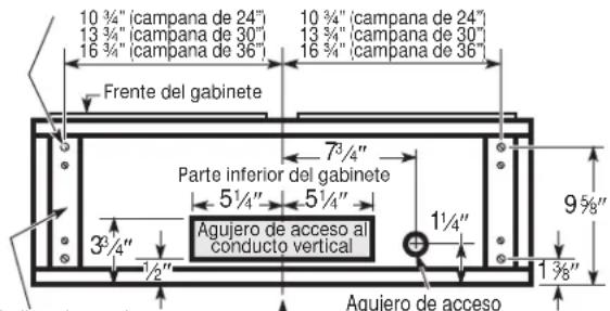 10 ¾" (campana de 24") 13 ¾" (campana de 30") 16 ¾" (campana de 36) 10 ¾" (campana de 24") 13 ¾" (campana de 30") 16 ¾" (campana de 36) Frente del gabinete 7 ¾" Parte inferior del gabinete 5 ¼" 5 ¼" Aguiero de acceso al conducto vertical 1 ½" 1 ¼" 9 ¾" 1 ¾" 1 ¾"