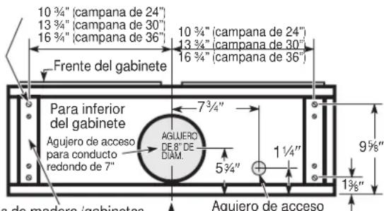 10 ¾" (campana de 24") 13 ¾" (campana de 30") 16 ¾" (campana de 36") 10 ¾" (campana de 24") 13 ¾" (campana de 30") 16 ¾" (campana de 36") Frente del gabinete Para inferior del gabinete Agujero de acceso para conducto redondo de 7" 7 ¾" AGLUERO DE.8" DE DIAM. 5 ¾" 1 ¼" 9 ¾" 1 ¾" Agujero de acceso s de madera igabinetes