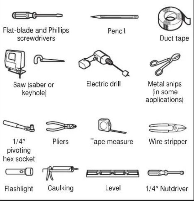 Flat-blade and Phillips screwdrivers Pencil Duct tape Saw (saber or keyhole) Electric drill Metal snips (in some applications) 1/4" pivoting hex socket Pliers Tape measure Wire stripper Flashlight Caulking Level 1/4" Nutdriver