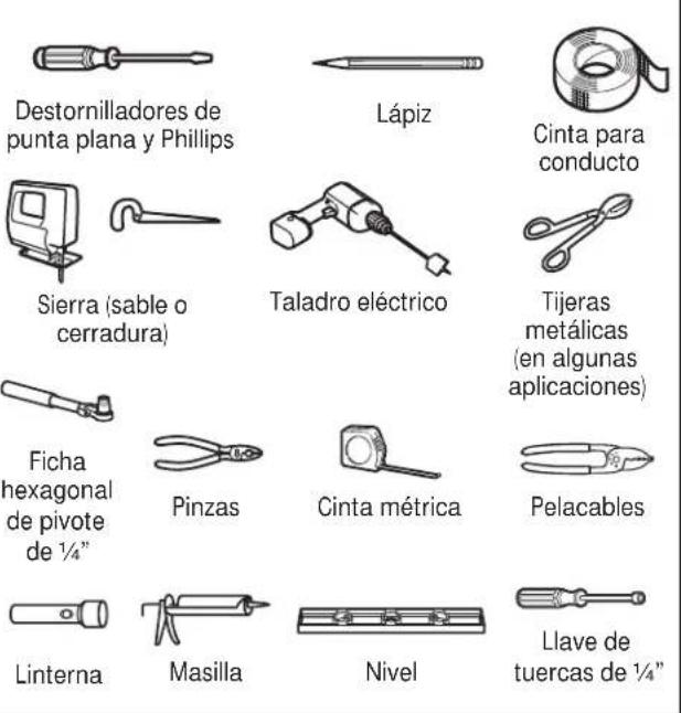 Destornilladores de punta plana y Phillips Lápiz Cinta para conducto Sierra (sable o cerradura) Taladro eléctrico Tijeras metálicas (en algunas aplicaciones) Ficha hexagonal de pivote de 1/4" Pinzas Cinta métrica Pelacables Linterna Masilla Nivel Llave de tuercas de 1/4"