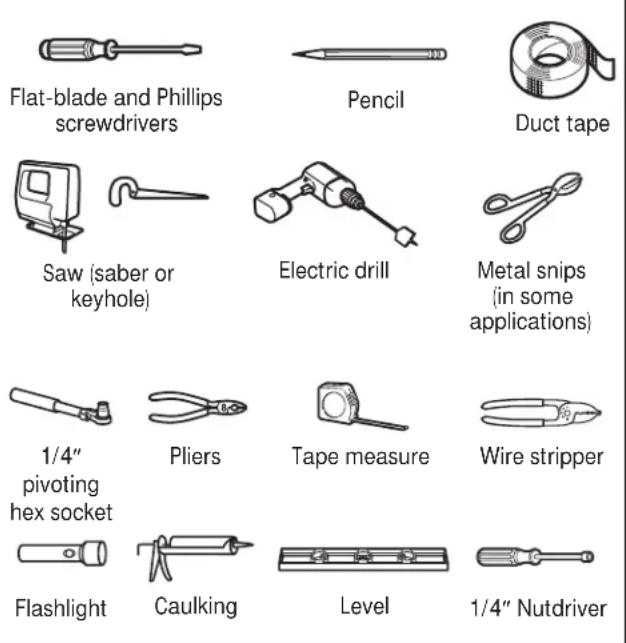 Flat-blade and Phillips screwdrivers Pencil Duct tape Saw (saber or keyhole) Electric drill Metal snips (in some applications) 1/4" pivoting hex socket Pliers Tape measure Wire stripper Flashlight Caulking Level 1/4" Nutdriver