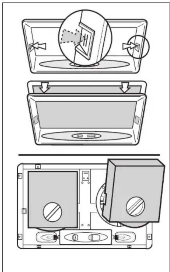 Diagram showing three views of a device with labeled components and directional arrows indicating assembly or operation.