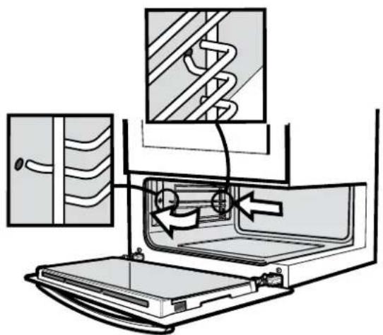 Diagram illustrating a door oven with internal components and directional arrows indicating flow or movement, possibly for product or installation.