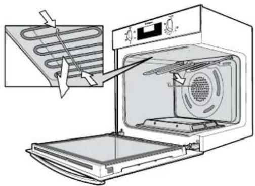 Diagram showing a kitchen oven with ventilation system and a warning label pointing to the oven's airflow.