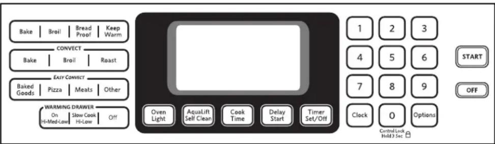 Bake | Broil | Bread Proof | Keep Warm CONVECT Bake | Broil | Roast EASY CONNECT Baked Goods | Pizza | Meats | Other WARMING DRAWER On | Slow Cook | Off Hi-Med-Low | Hi-Low Oven Light AquaLift Self Clean Cook Time Delay Start Timer Set/Off 1 2 3 4 5 6 7 8 9 Clock 0 Options Central Lock Held 3 Sec