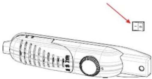 Diagram of a handheld device with labeled parts and a red arrow pointing to a control panel.