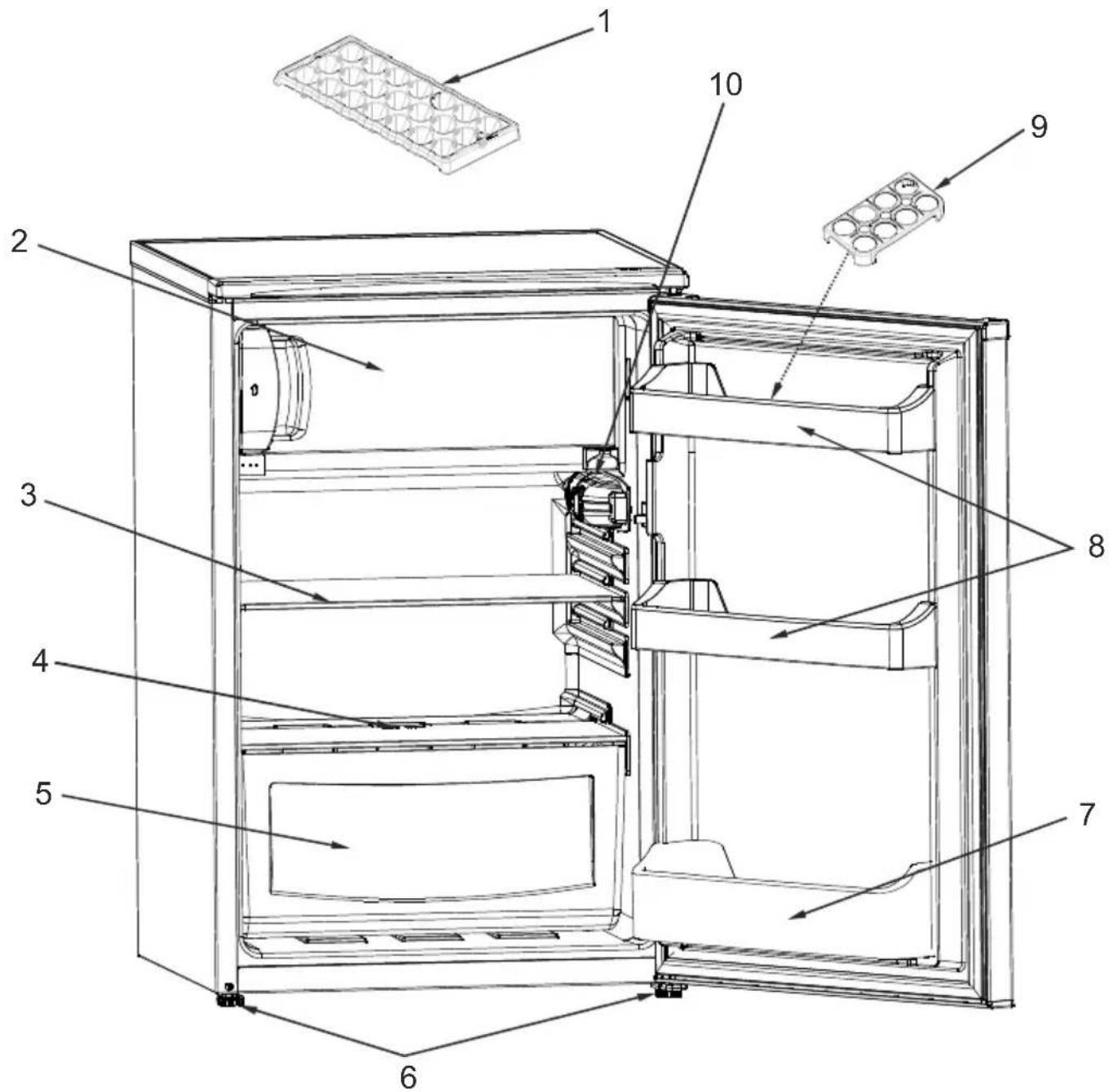 Technical diagram of a refrigerator interior with numbered components for identification