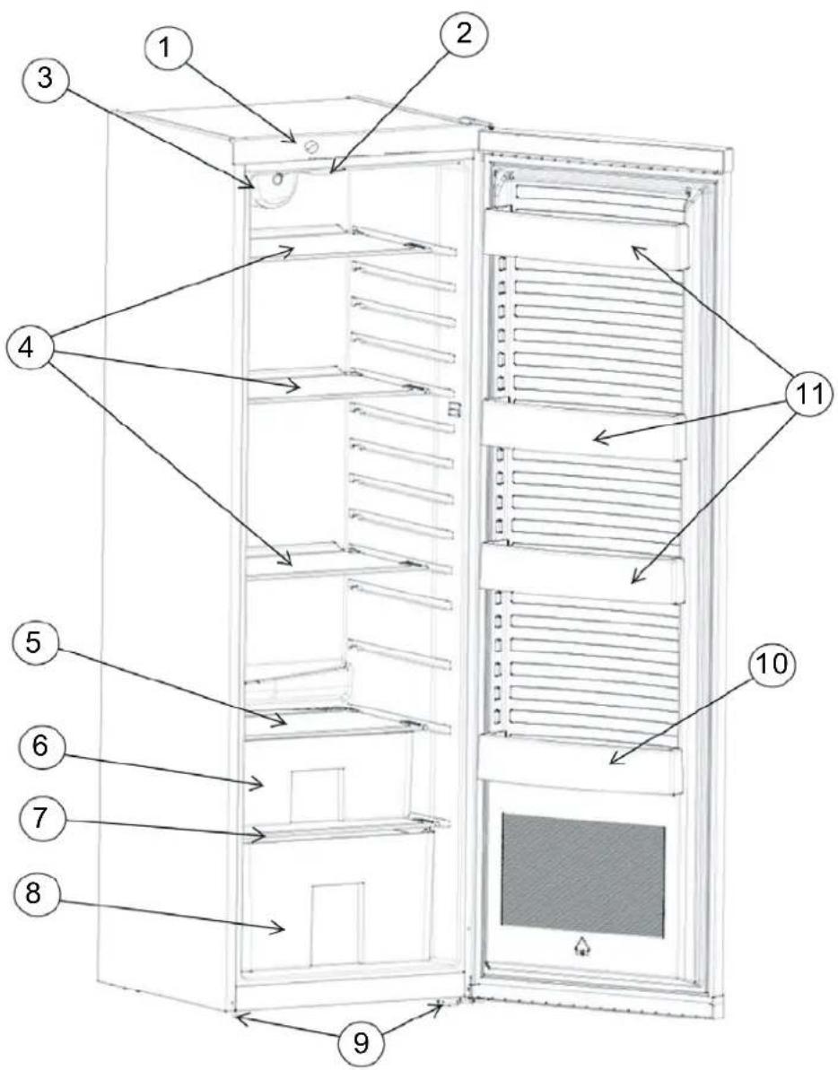 Diagram of a refrigerator interior with numbered parts for identification and assembly reference.