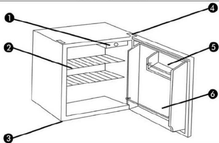 Diagram of a refrigerator with numbered parts for identification