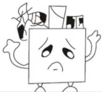 Cartoon character with sad face and broken arms, surrounded by floating objects (no text or symbols)