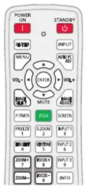 POWER ON I STANDBY 場地 INPUT MENU AUTO PC ADI VOL- ENTER VOL+ MAKE MULT MAKE ADJUST P-TIMER ECO SCREEN FRIEZE 1 D2OM 2 INPUT 3 DI-4 DEBONE 5 INPUT 6 D2OM 7 R2OS 8 INPUT 9 D2OM-0 INFO