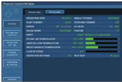 Projector Control Window Projector name Servizi data PROYECTOR TYPE PE 2270 TERRAL NUMBER DCTHWAY MAIN VERSION 8.8 M Network Version 0.00 POWER ON STANDARD ASY MUTE 0% OFF IMAGE MODE STANDARD VOLUME 15 INPUT 1.0 MPW WEIGHT / 24 inches INTAKE AIR TEMPERATURE 31% / MPW 500 SROOND LAMP TEMPERATURE 29% / MPW 500 OPTICS MODULE TEMPERATURE 96% / MPW 500 LAMP RUNTIME 0.00 PROJECTOR RUNTIME 1.00 SELF TEST No errors Status Projection control Detailed set up Change password Child/Item Response