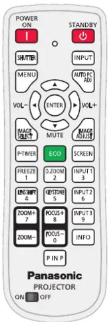 POWER ON I SHUTTER MENU VOL- ENTER VOL+ IMAGE SELECT MUTE IMAGE ADJUST P-TIMER ECO SCREEN FREEZE 1 D-ZOOM 2 INPUT 1 3 LINS SHIFT 4 CESTONE 5 INPUT 2 6 ZOOM+ 7 FOCUS+ 8 INPUT 3 9 ZOOM- FOCUS- 0 INFO P IN P PIN P Panasonic PROJECTOR ON OFF