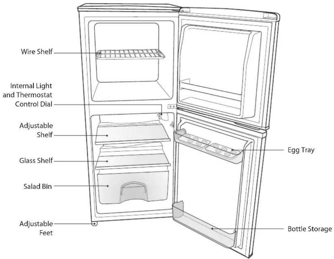 Wire Shelf Internal Light and Thermostat Control Dial Adjustable Shelf Glass Shelf Salad Bin Adjustable Feet Egg Tray Bottle Storage