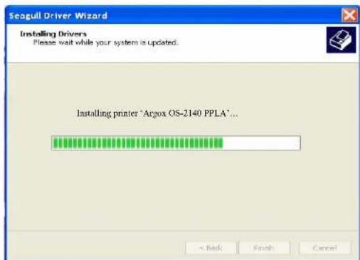 Seagull Driver Wizard Installing Drivers Please wait while your system is updated. Installing printer 'Argox OS-2140 PPLA'... < Back Finish Cancel