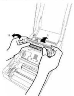 Diagram showing hands operating a device with labeled parts A and B, likely illustrating a mechanical or electrical component assembly.