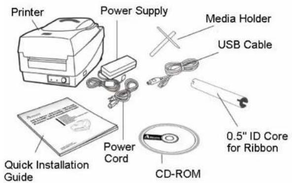 Printer Power Supply Media Holder USB Cable Quick Installation Guide Power Cord CD-ROM 0.5" ID Core for Ribbon