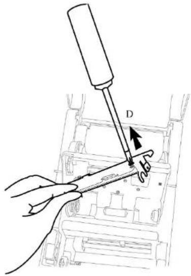 Diagram showing a hand using a screwdriver to adjust a component labeled 'D' in a mechanical assembly.