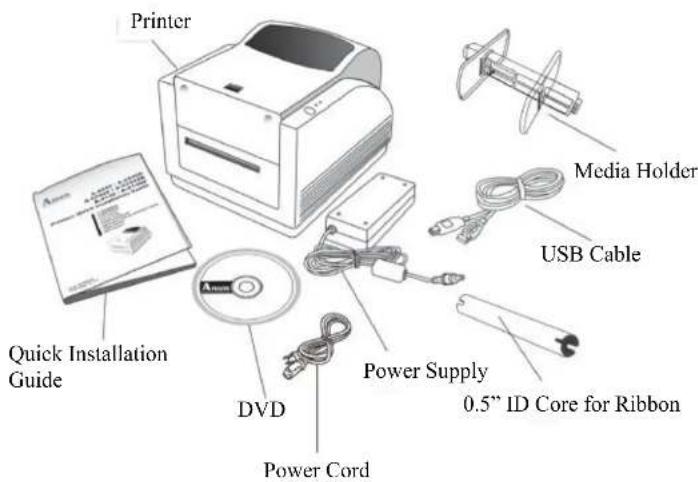 Printer Quick Installation Guide DVD Power Cord Power Supply 0.5" ID Core for Ribbon Media Holder USB Cable