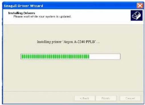 Seagull Driver Wizard Installing Drivers Please wait while your system is updated. Installing printer 'Argox A-2240 PPLB'... < Back Finish Cancel
