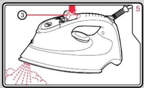 Diagram of an iron iron with labeled parts and a red arrow indicating motion direction