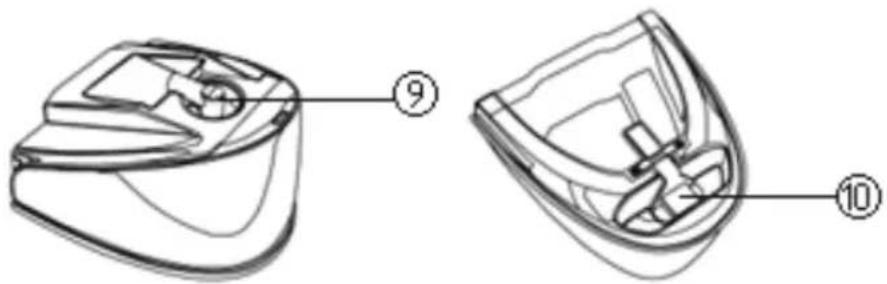 Technical diagram of a device with labeled parts, showing two views with numbered annotations.