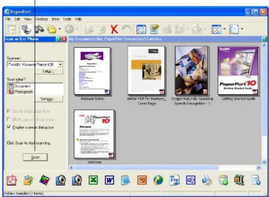 PaperPort File Edit View Desktop Item Tools Help Scan or Get Photo My Documents\My PaperPort Documents\Samples Spanns: TWAIN Visioned Potent 430 Setup... Scan what? Document Photograph Settings... Create indispage font Blank pages in image Display scanner dialog box Click Scan to start scanning. Scan Release Notes Better PDF for Business Cover Page Dragon Naturally Speaking Speech Recognition - 1 Getting Started Guide Welcome PaportPort 90° 10 Folder: Samples (7 name)
