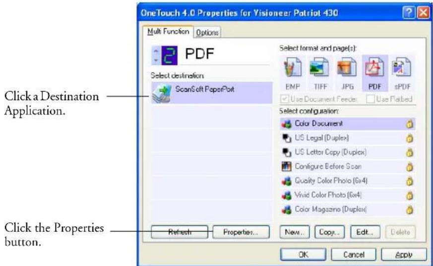 OneTouch 4.0 Properties for Visioneer Patriot 430 Multi Function Options PDF Select destination ScanSoft PaperPort Click a Destination Application. Select format and page(s): BMP TIFF JPG PDF sPDF Use Document Feeder Use Flated Select configuration: Color Document US Legal (Duplex) US Letter Copy (Duplex) Configure Before Scan Quality Color Photo (6x4) Vivid Color Photo (6x4) Color Magazine (Duplex) Refresh Properties... New... Copy... Edit... Delete OK Cancel Apply