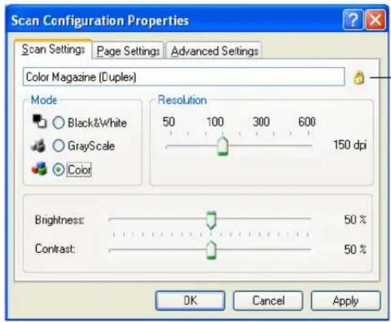 Scan Configuration Properties Scan Settings Page Settings Advanced Settings Color Magazine (Duplex) Mode Black&White GrayScale Color Resolution 50 100 300 600 150 dpi Brightness: 50 % Contrast: 50 % OK Cancel Apply