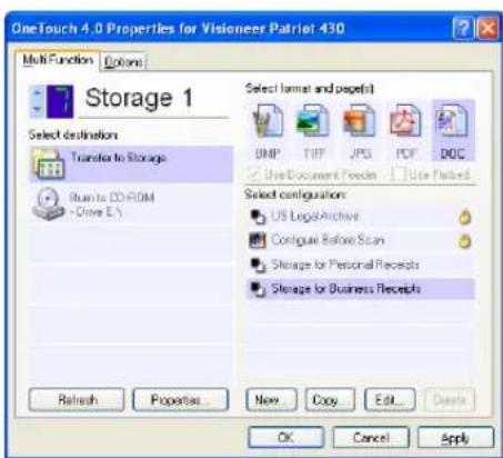 OneTouch 4.0 Properties for Visioneer Patriot 430 Multi-Function Options Storage 1 Select destinations Transfer to Storage Start to CD-ROM Drive E:\ Select format and prepedit BMP TIFP JPG PDF DOC Use Document Fecion Use Paired Select configuration: US Legal Archive Configure Before Scan Storage for Personal Receipts Storage for Business Receipts Refresh Properties... New Copy Edit... OK Cancel Apply