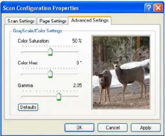 Scan Configuration Properties Scan Settings Page Settings Advanced Settings GrayScale/Color Settings Color Saturation: 50 % Color Hue: 0 ° Gamma: 2.05 Defaults OK Cancel Apply