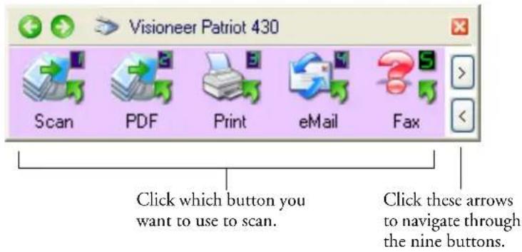 Visioneer Patriot 430 Scan PDF Print eMail Fax Click which button you want to use to scan. Click these arrows to navigate through the nine buttons.