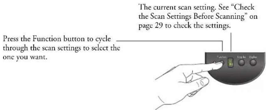 Press the Function button to cycle through the scan settings to select the one you want. The current scan setting. See "Check the Scan Settings Before Scanning" on page 29 to check the settings. Function Options Options