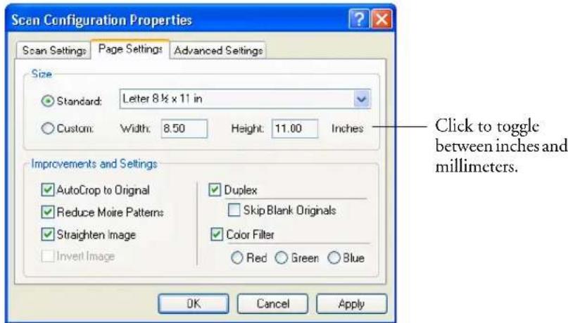 Scan Configuration Properties Scan Settings Page Settings Advanced Settings Size Standard: Letter 8½ x 11 in Custom: Width: 8.50 Height: 11.00 Inches Improvements and Settings AutoCrop to Original Reduce More Patterns Straighten Image Invert Image Duplex Skip Blank Originals Color Filter Red Green Blue OK Cancel Apply Click to toggle between inches and millimeters.