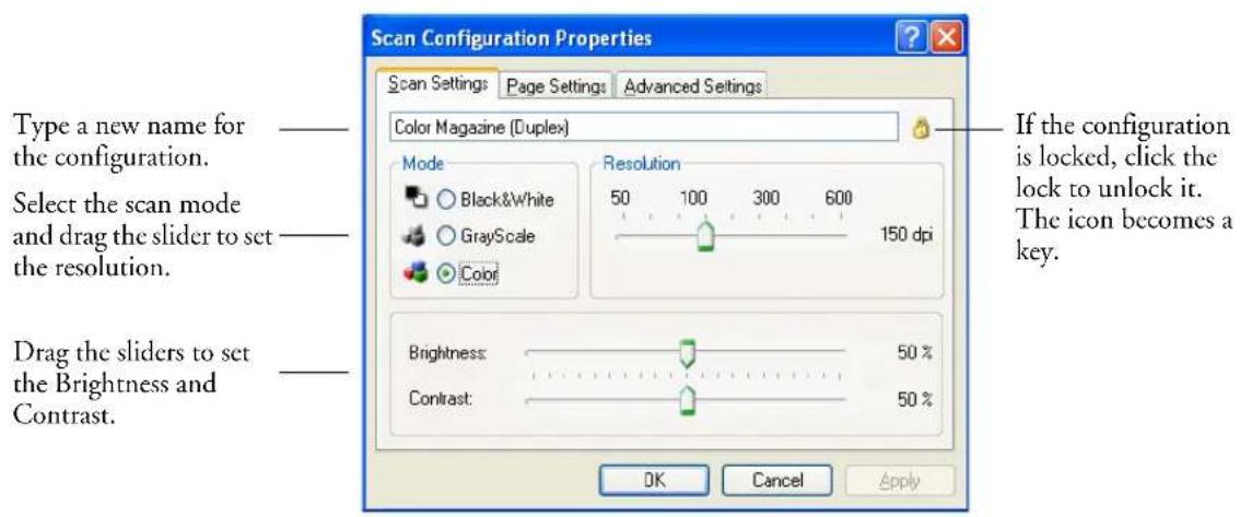 Scan Configuration Properties Scan Settings Page Settings Advanced Settings Color Magazine (Duplex) Type a new name for the configuration. Select the scan mode and drag the slider to set the resolution. Drag the sliders to set the Brightness and Contrast. If the configuration is locked, click the lock to unlock it. The icon becomes a key. Mode Black&White GrayScale Color Resolution 50 100 300 600 150 dpi Brightness: 50 % Contrast: 50 % OK Cancel Apply